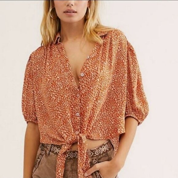 FREE People Celia Printed Tie-front Blouse In Rust Combo - Picture 1 of 10